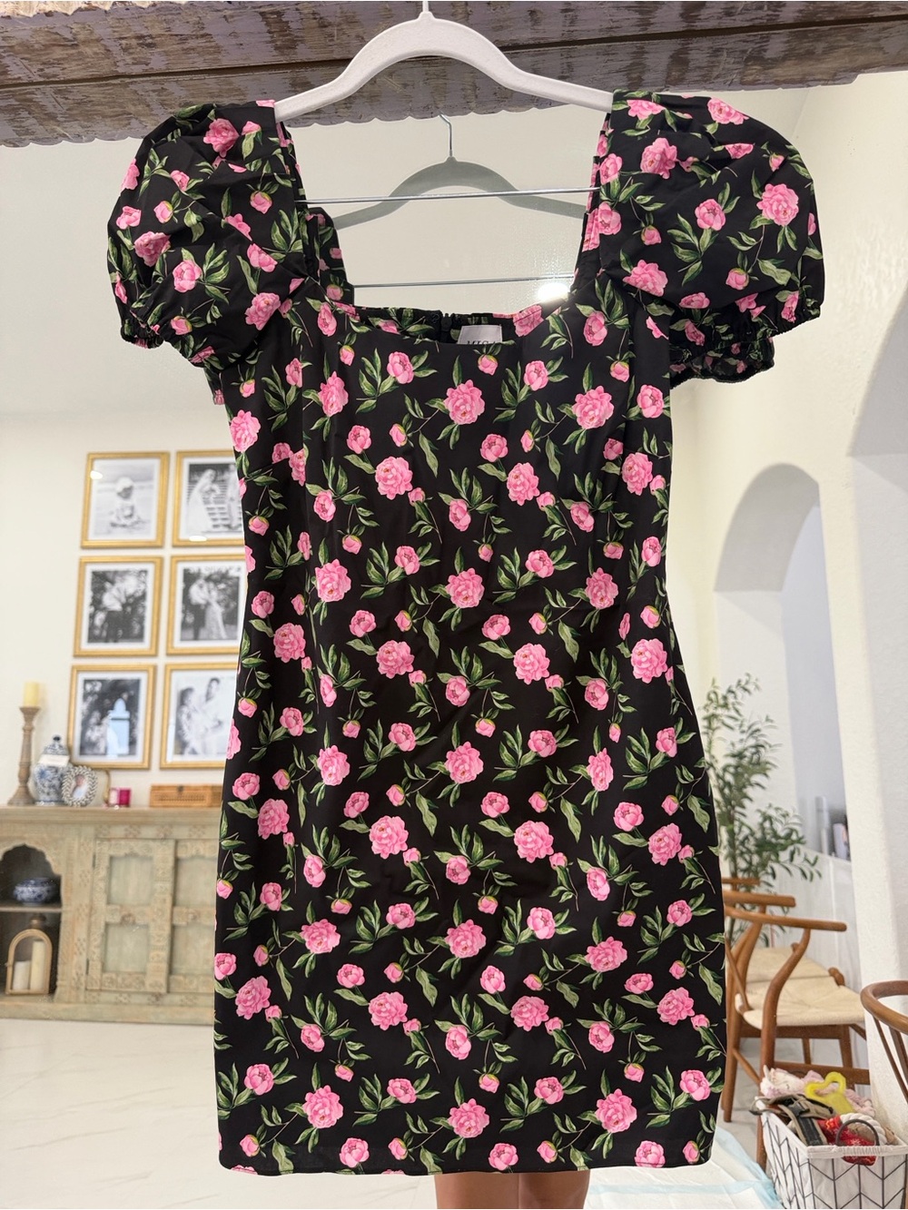 Misa Los Angeles 100% Cotton Black Mini Dress with Pink Rose Print